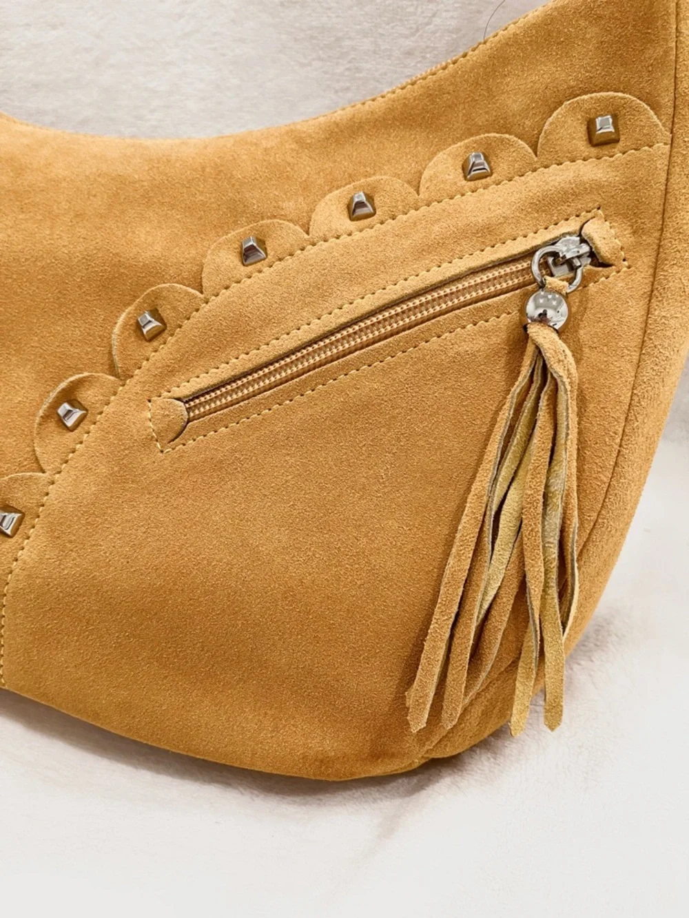 The Find Camel Suede Studded Shoulder Bag NWOT - Picture 5 of 12